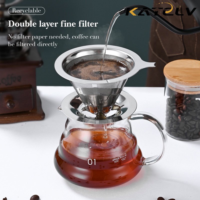 Dụng cụ lọc cà phê KATELV thép không gỉ 304 hai lớp hình nón tái sử dụng được có tay cầm tiện lợi