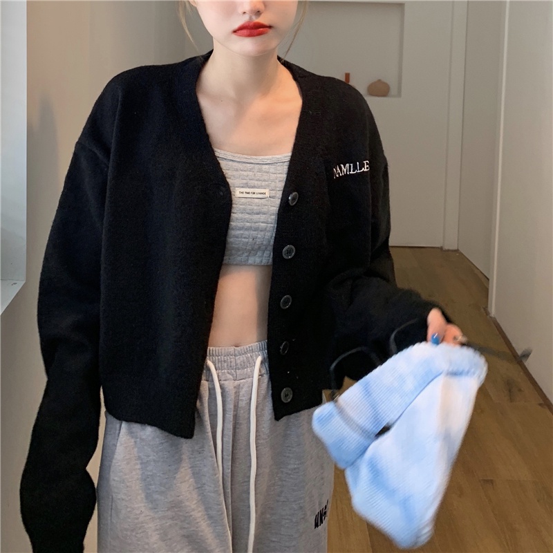Áo khoác cardigan dệt kim cổ chữ V thêu chữ phong cách Hàn Quốc