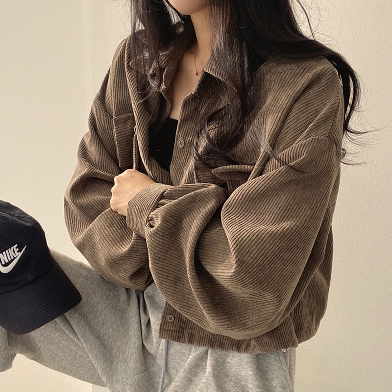 IELGY  Áo Khoác Nhung Kẻ Dáng Rộng Tay Dài Phong Cách retro Dành Cho Nữ