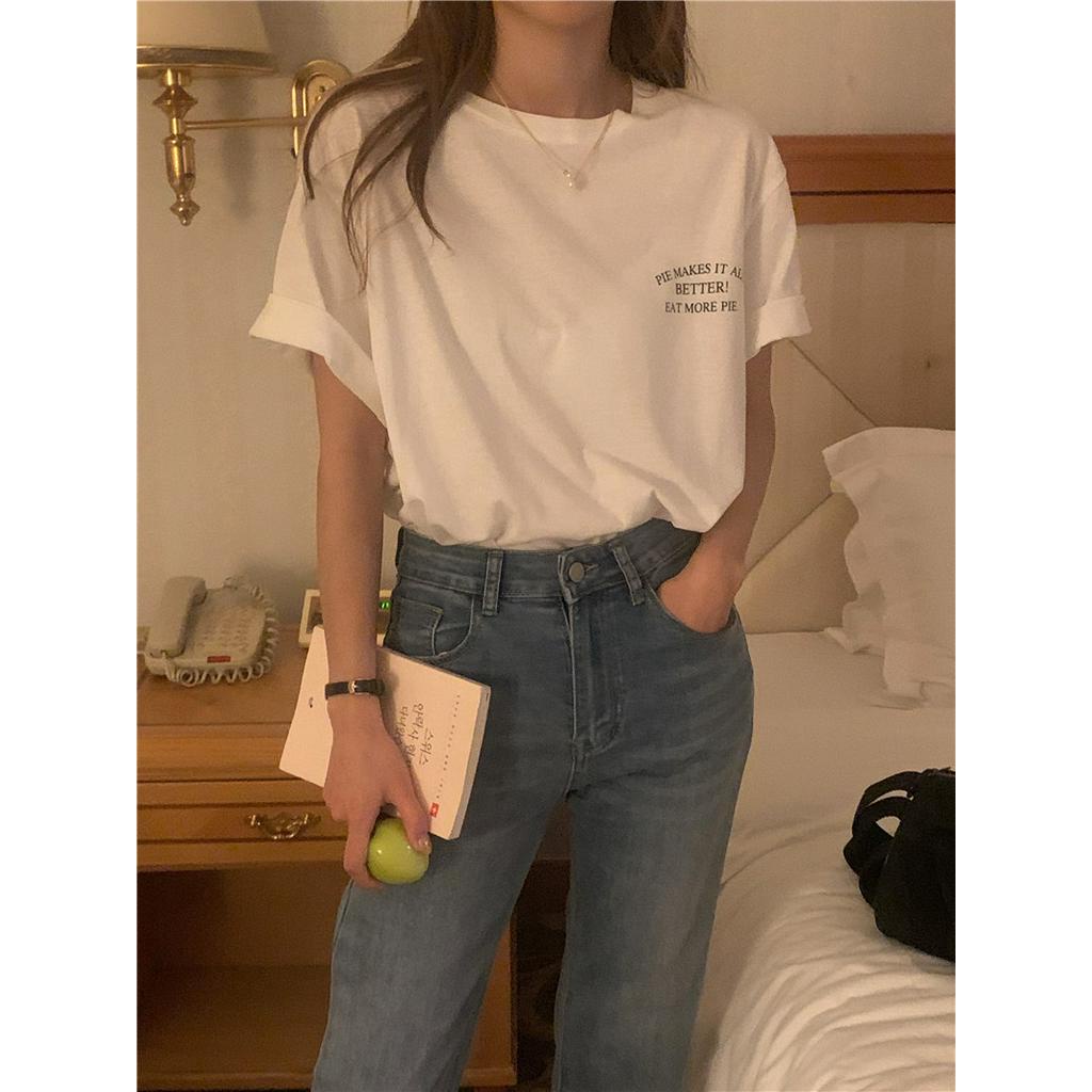 Áo Thun Cổ Tròn Ngắn Tay In Chữ Phong Cách Hàn Quốc Đơn Giản 63160 2 Màu Lựa Chọn
