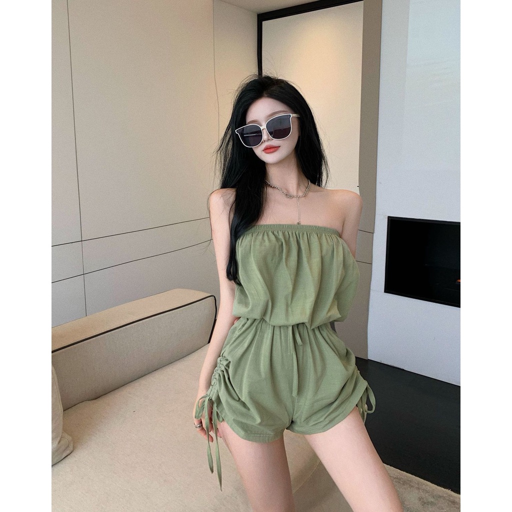 Áo liền quần trễ vai màu trơn có dây rút quyến rũ thời trang cho nữ size S-2XL