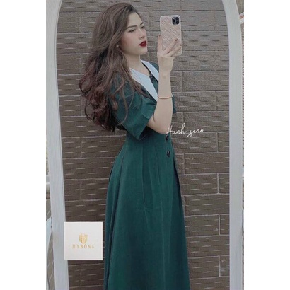 (Sale FreeShip) Mẫu mới hottren đầm nữ dáng xòe cổ phối màu cực xinh,tone xanh mặc trắng da,chất đẹp