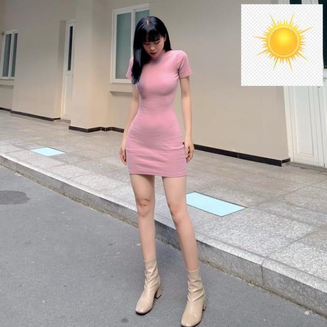 🎃🎃 Đầm body thun ôm dáng TOPTIFY ngắn tay trơn khoét lưng co giãn tốt DT04 🎃