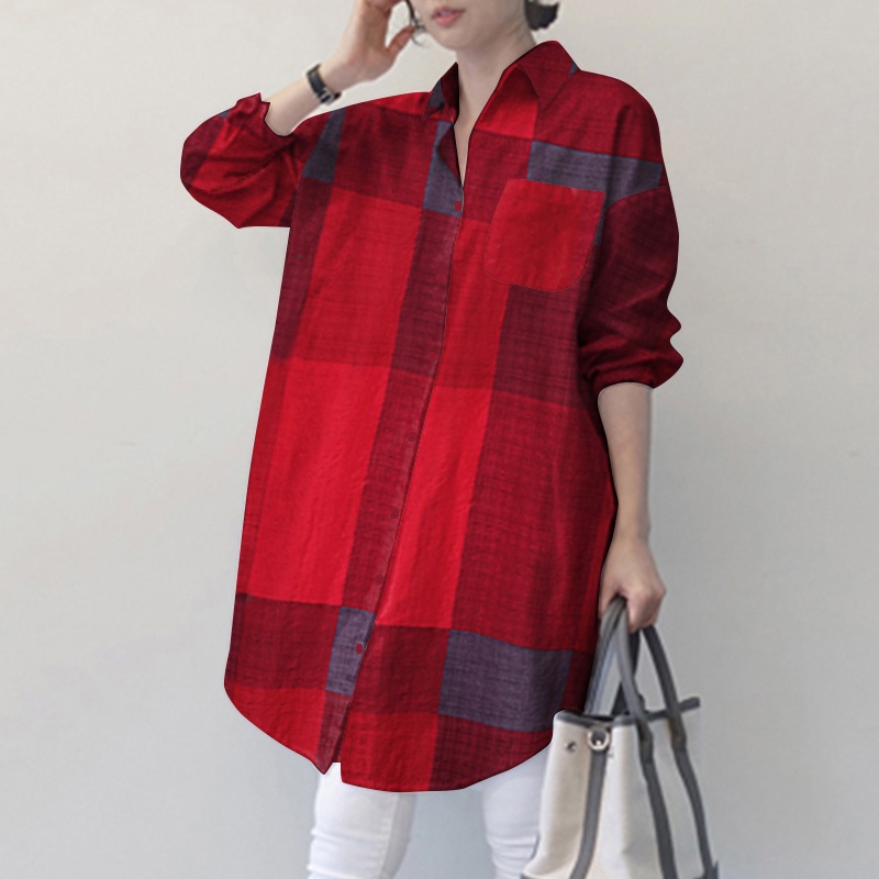 Áo sơ mi Zanzea tay dài dáng rộng cổ bẻ kẻ sọc caro trẻ trung hợp thời trang dành cho nữ