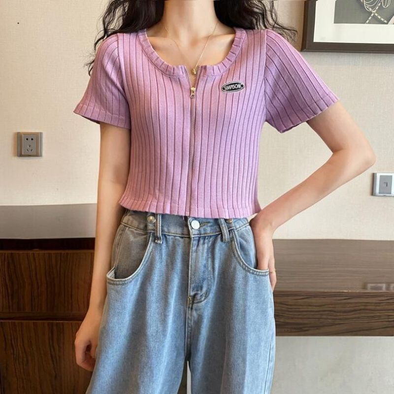 Áo crotop ngắn tay có khoá kéo phong cách hàn quốc trẻ trung cho mùa hè sành điệu