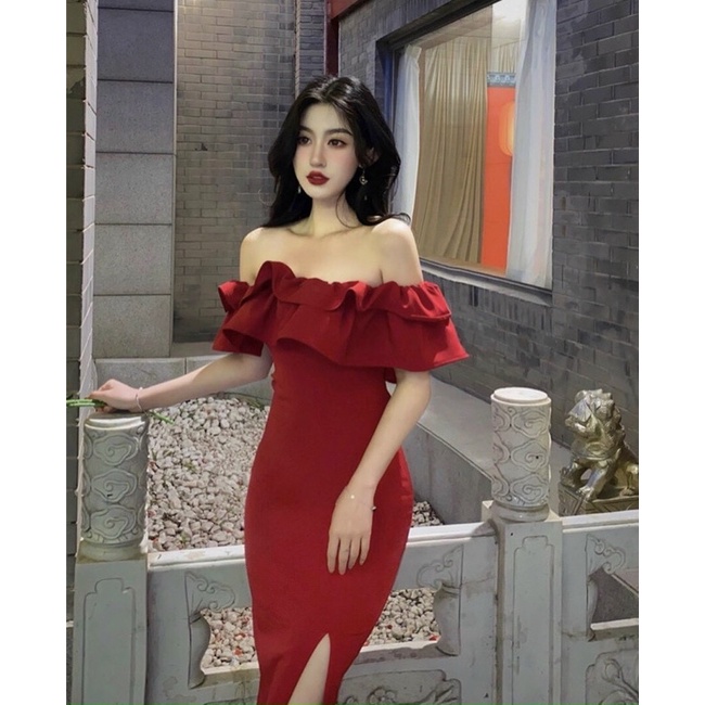 Đầm nữ sexy ,đầm midi đỏ bẹt vai nhún bèo xẻ đùi quyến rũ