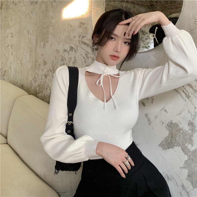 Áo sweater dệt kim ZHELIHANGFEI cổ V tay phồng gợi cảm thời trang cho nữ