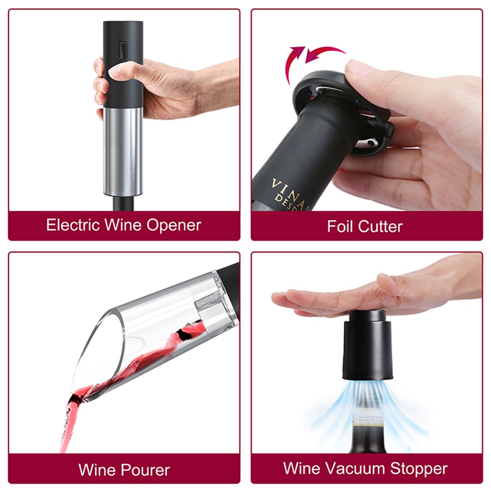Bộ dụng cụ mở nút chai rượu vang UARELIFFE 4 trong 1 mini dùng điện hỗ trợ chiết rót