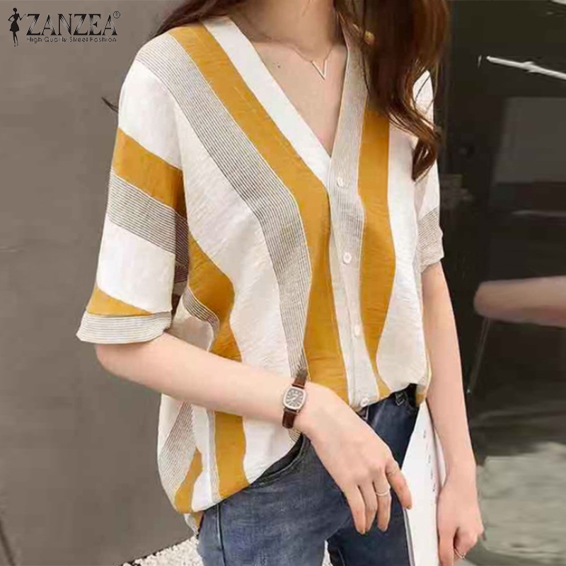 Áo sơ mi ZANZEA tay lửng cổ chữ V họa tiết sọc thời trang dành cho nữ