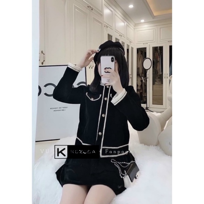 Cài Áo khoác nhung phối bèo phong cách áo dạ tweed sang trọng hàn quốc màu đen vintage n5
