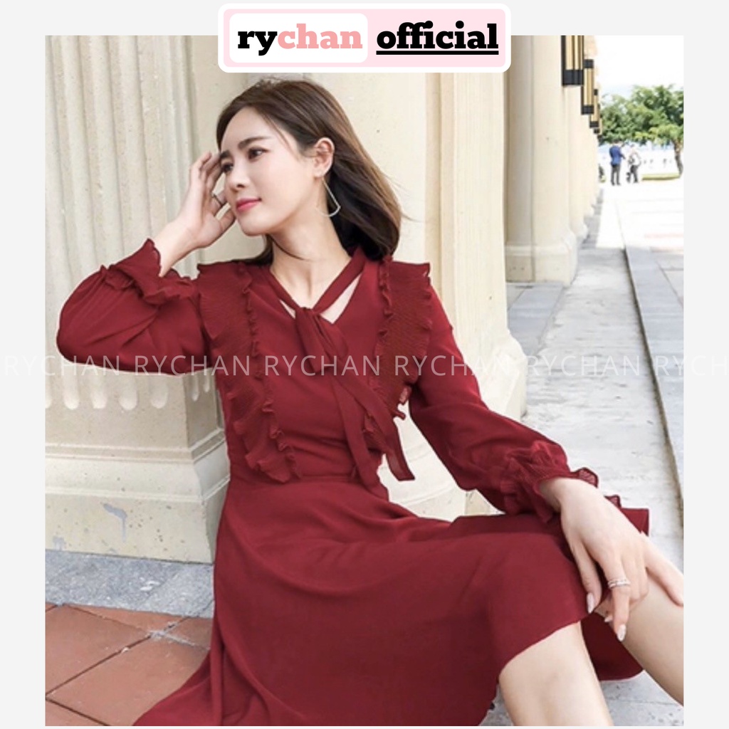 Đầm Xòe Đỏ Rượu Nơ Cổ Tay Dài - DX943