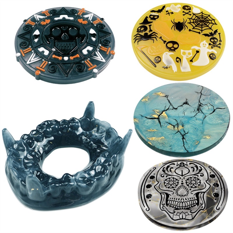Set 4 Khuôn Silicone Làm Đế Lót Ly Hình Tròn Phong Cách Halloween