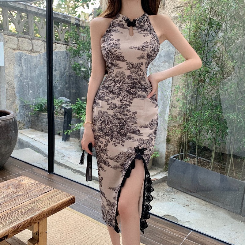 Sườn xám cổ yếm mỏng xẻ đùi mùa hè 2021