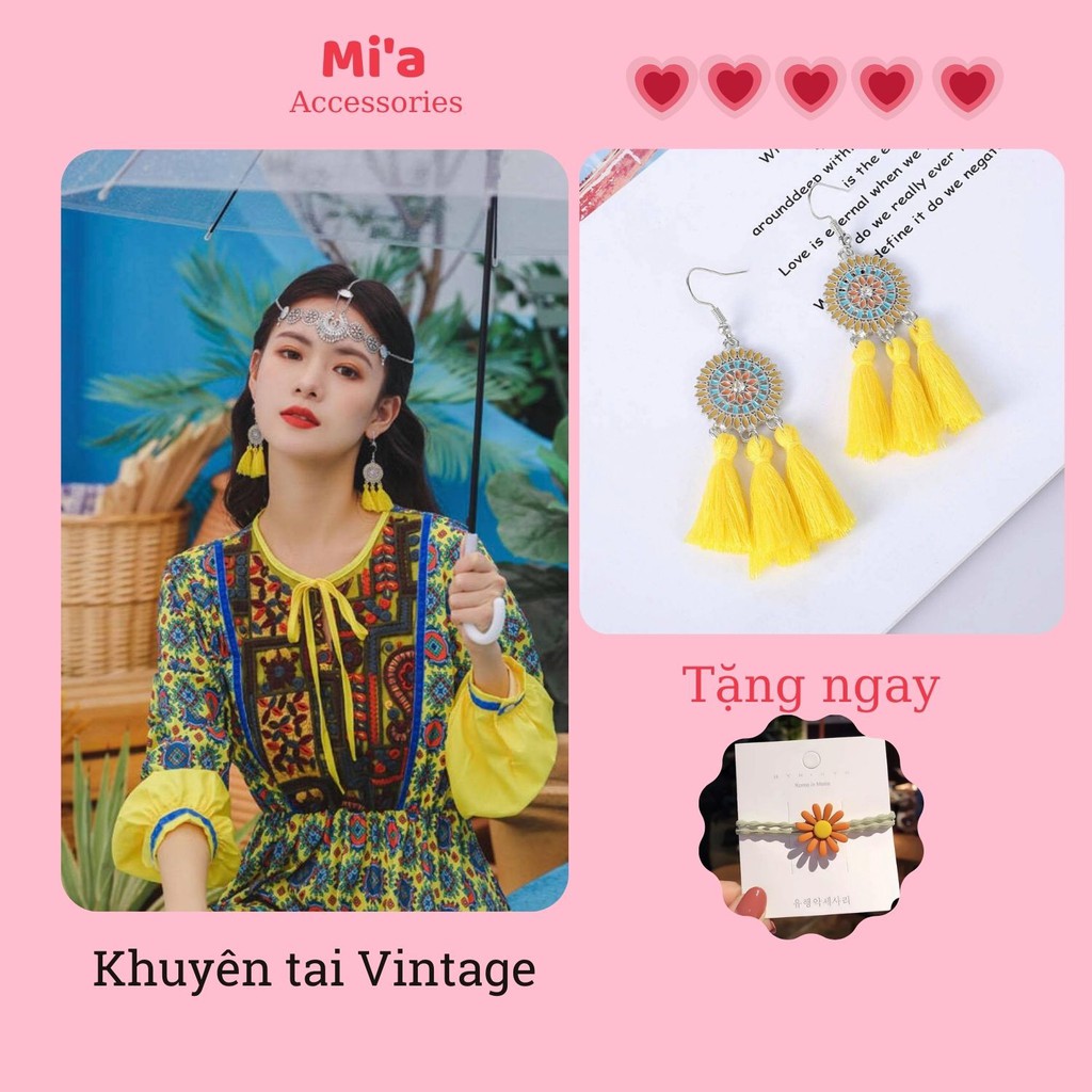 Khuyên tai Vintage tròn nhỏ màu vàng tươi, Khuyên tai phong cách Boho