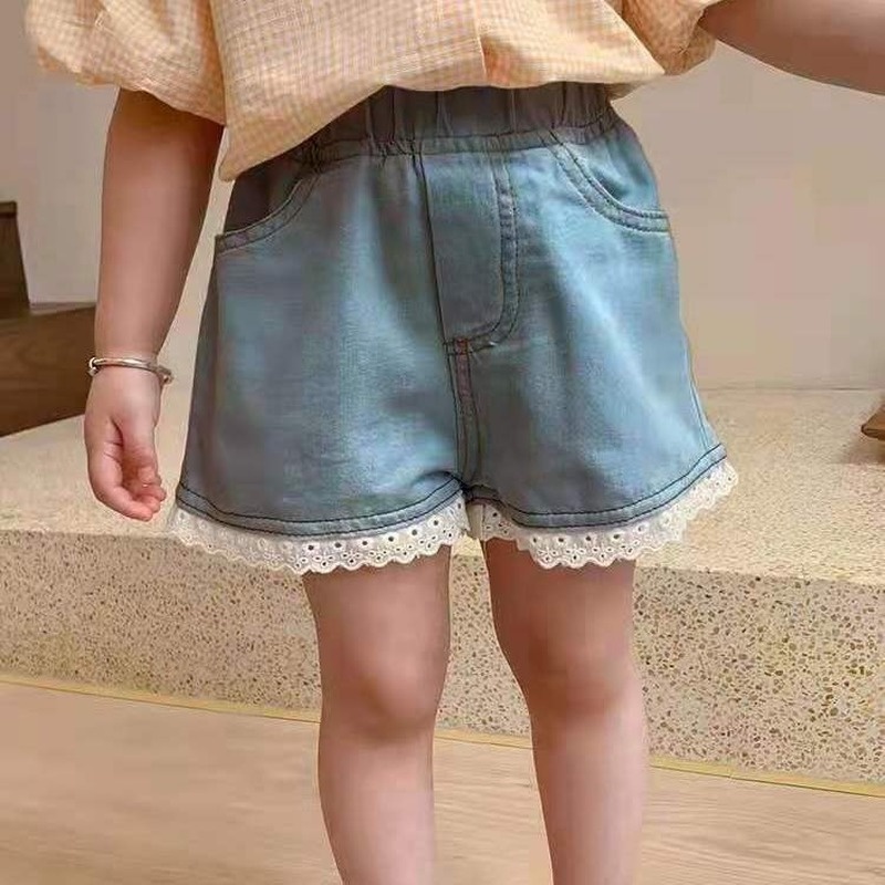 Quần Short Denim Lưng Cao Dáng Rộng Viền Ren Thời Trang Mùa Hè Hàn Quốc Mới Cho Bé Gái
