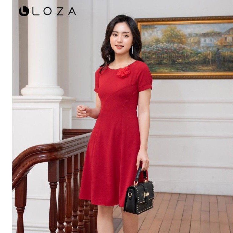 [Mã FAMALLT5 giảm 15% đơn 150k] Váy đầm dáng xòe màu đỏ đính hoa LOZA LD2339