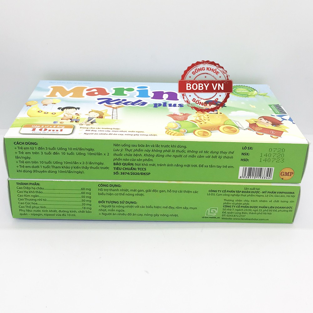 Marin Kids Plus ngăn ngừa mề đay, rôm sảy, mụn nhọt ở trẻ (Hộp 4 vỉ x 5 ống 10ml)