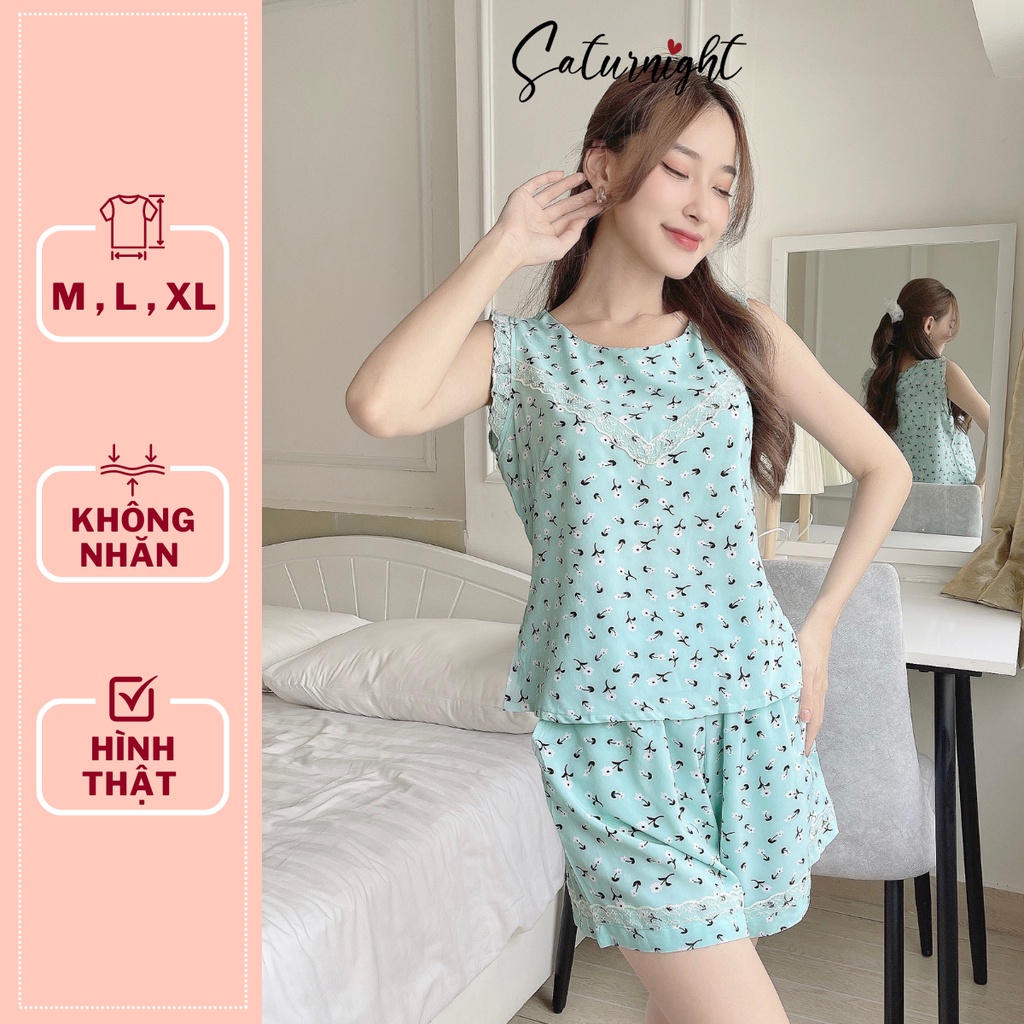 Đồ bộ nữ mặc nhà, đồ ngủ sát nách SATURNIGHT cổ viền ren chữ V N002