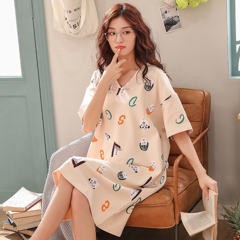 Váy ngủ ngắn tay bằng cotton tinh khiết đồ nữ sinh Hàn Quốc rộng rãi quần áo mặc nhà hoạt hìnhY