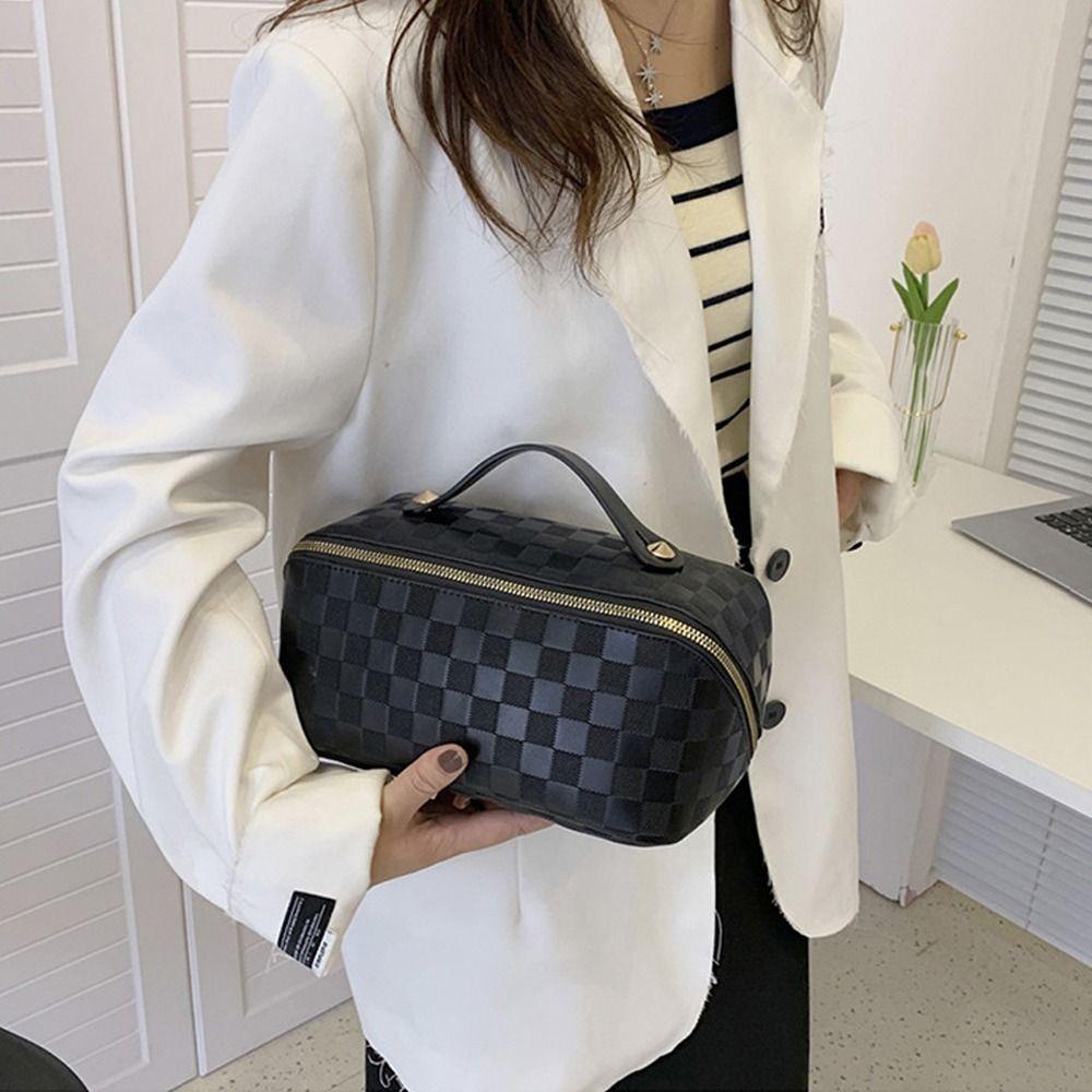 Túi Đựng Đồ Trang Điểm Bằng Da PU Sức Chứa Lớn Màu Trơn Đa Năng Có Khóa Kéo Phong Cách Vintage