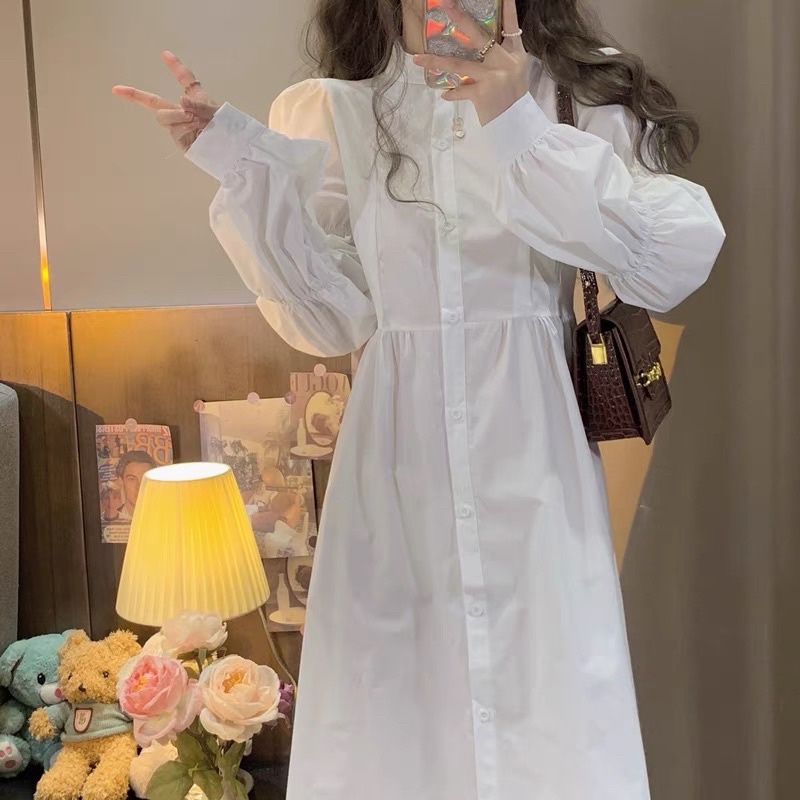 Váy sơ mi trắng dáng dài tay bồng