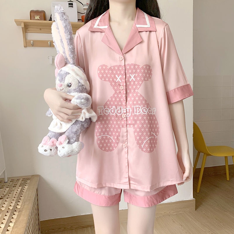 New style ice silk pajamas women's suit sweet girl style home clothes net red lovely Korean imitation silk short sleeved shorts