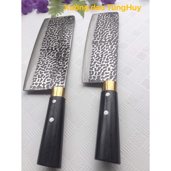 Bộ 2 Dao Chặt , Dao Thái Làm Bằng Thép Nhíp OTo Nhập khẩu Cao Cấp., Hoa Văn Hai Mặt .Cán làm bằng Gỗ Xoan Đào Khâu Đồng