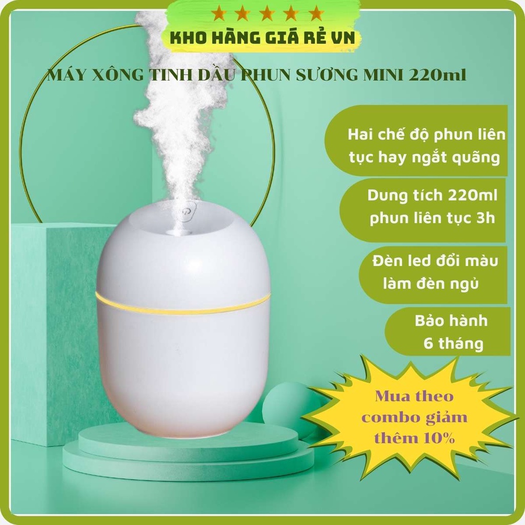Máy phun tinh dầu mini dung tích 220ml sử dụng công nghệ siêu âm phun sương tạo ẩm Kho hàng giá rẻ VN - Tặng tinh dầu