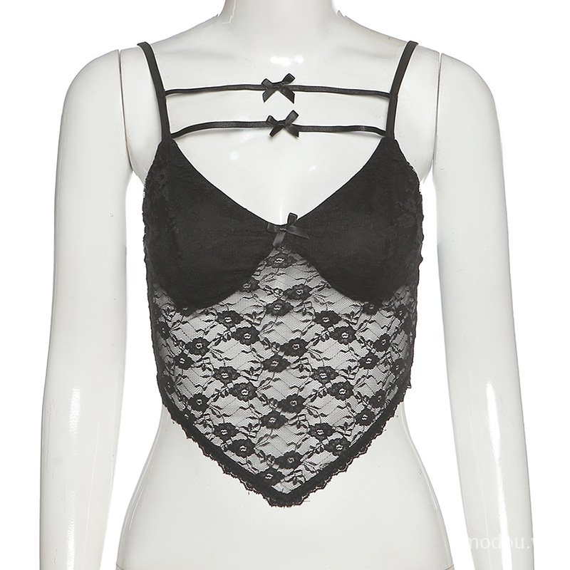 Áo croptop hai dây vải lưới phối ren viền không cân xứng thời trang quyến rũ cho nữ