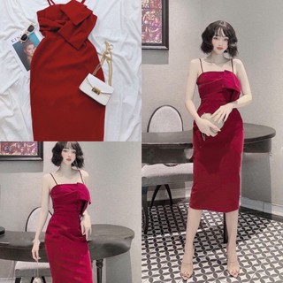 [Hàng Thiết Kế] Đầm body nhung đỏ 2 dây xếp ngực chuẩn đẹp diện noel , tết