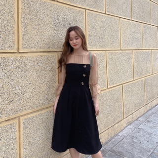Tammy Dress - Váy đen phối voan tơ nâu