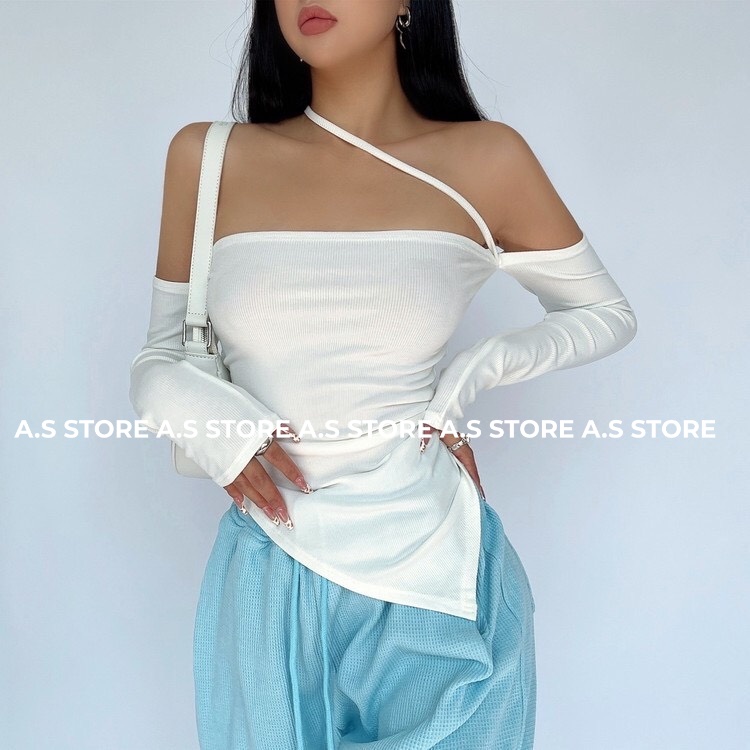 Áo quây ngang ngực vạt chéo , kèm tay áo dài tháo rời , thun ống dây chéo cổ ôm body A.S STORE B12