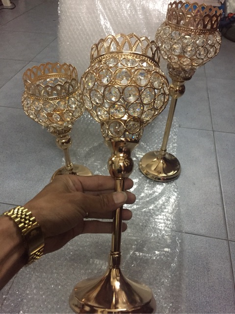 Chân nến bộ 3 cây đính đá tròn trang trí Huydecor