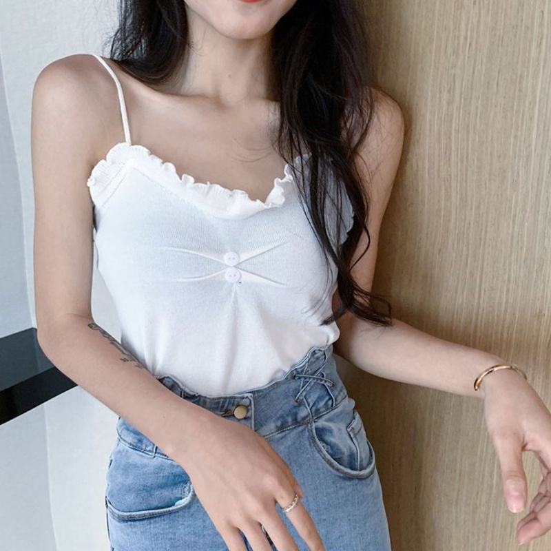 Brroa Áo Croptop Dệt Kim Sát Nách Màu Trơn Cài Nút Trước Viền Diềm Xếp Nếp Phong Cách Hàn Quốc Cho Nữ