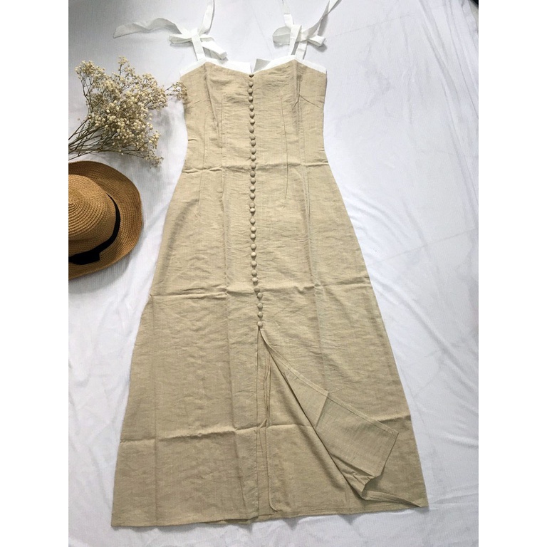 Đầm maxi phối trắng cột nơ vai màu nude cao cấp