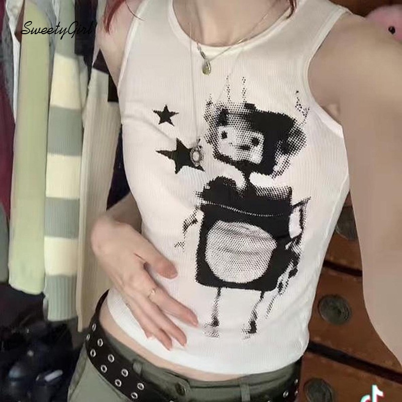 Áo Tank Top Cổ Tròn In Họa Tiết Hoạt Hình Màu Tương Phản Thời Trang 2022 Cho Nữ