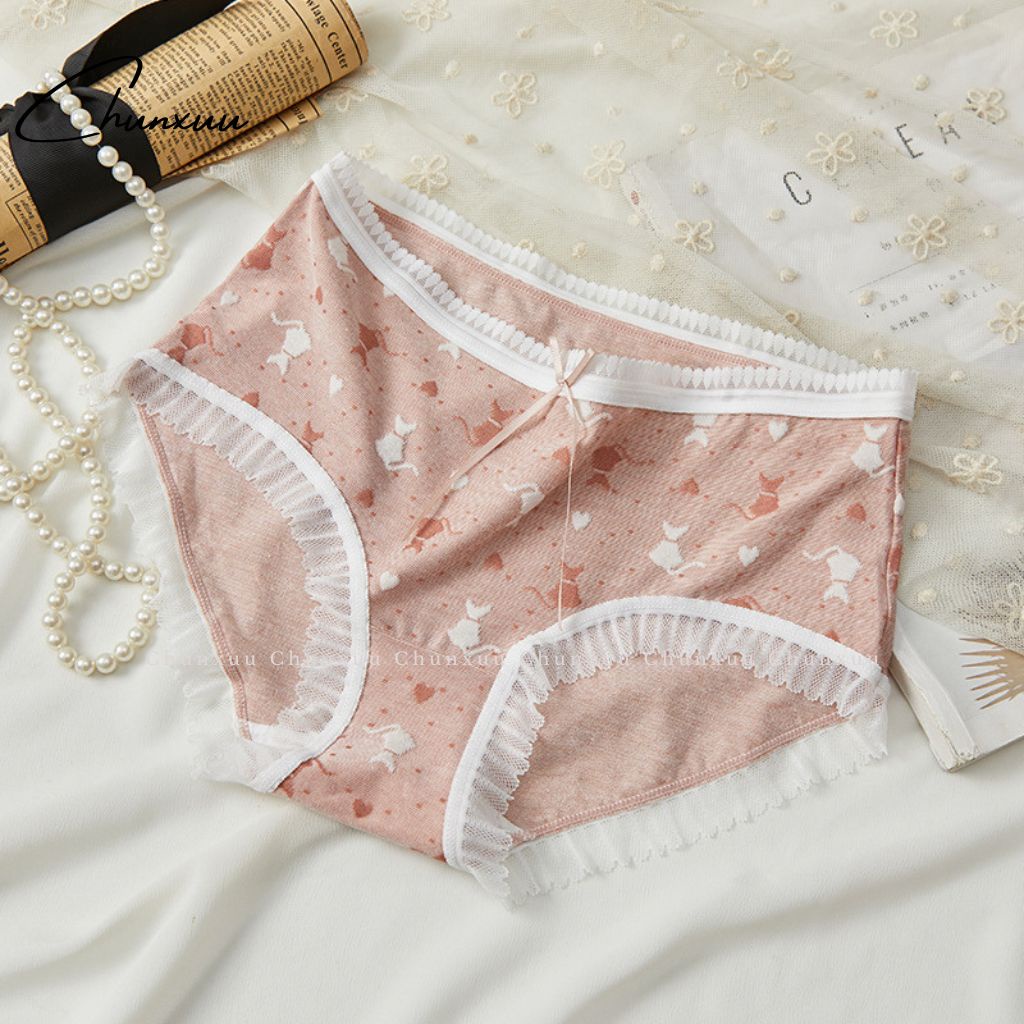 Quần lót nữ cotton cao cấp CHUNXUU, họa tiết mèo phối viền ren dễ thương - QC85
