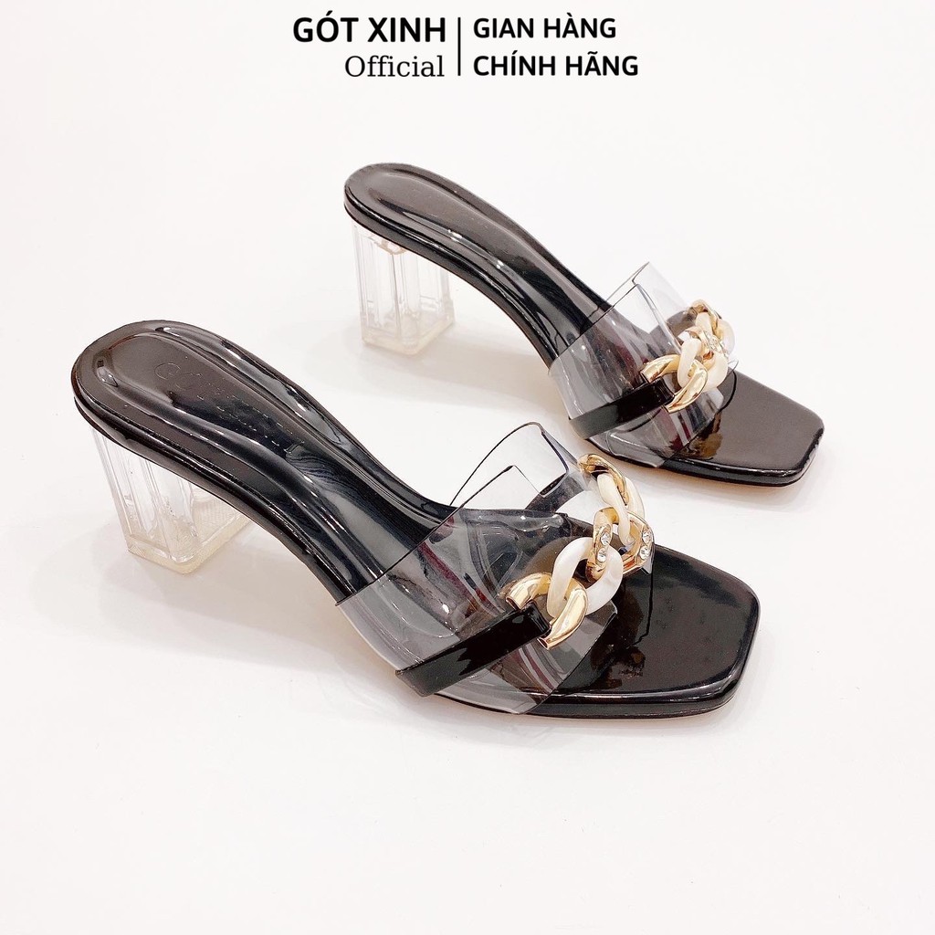 Dép cao gót nữ GÓT XINH D15 quai ngang chất liệu mika trong phối xích cao 5cm