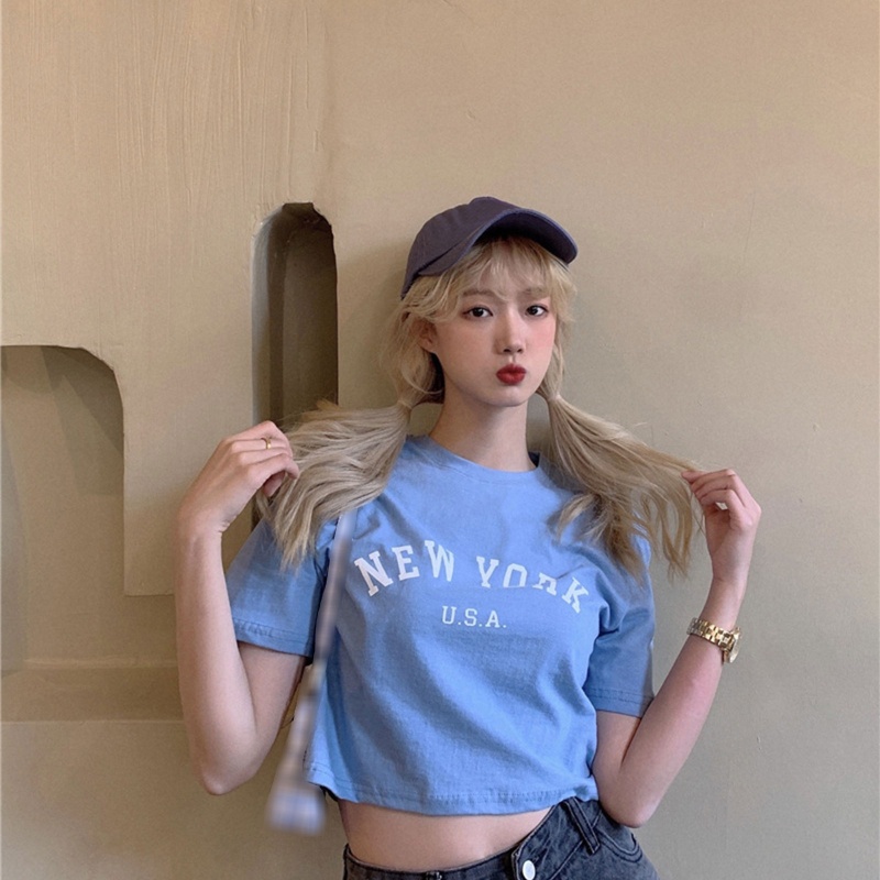 Áo Thun Crop Top Cổ Tròn Tay Ngắn In Chữ Thanh Lịch Dành Cho Nữ