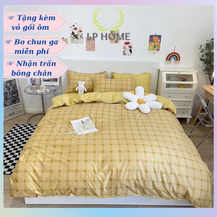 Bộ chăn ga gối Poly Cotton HQ Kẻ vàng cao cấp hot hit (Tặng vỏ gối ôm) - Miễn phí bo chun
