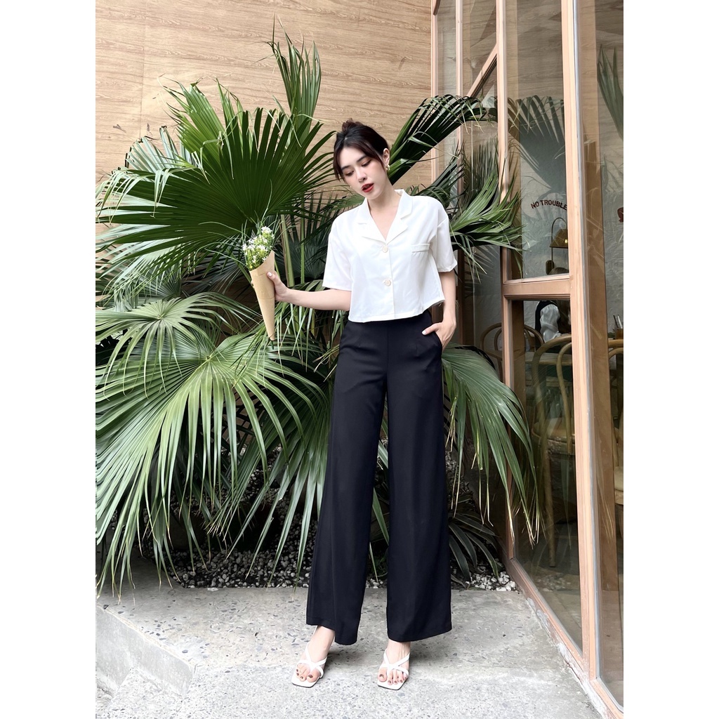 Set áo vest crop top quần dài ống rộng công sở cá tính - 2 màu trắng, đen | BigBuy360 - bigbuy360.vn