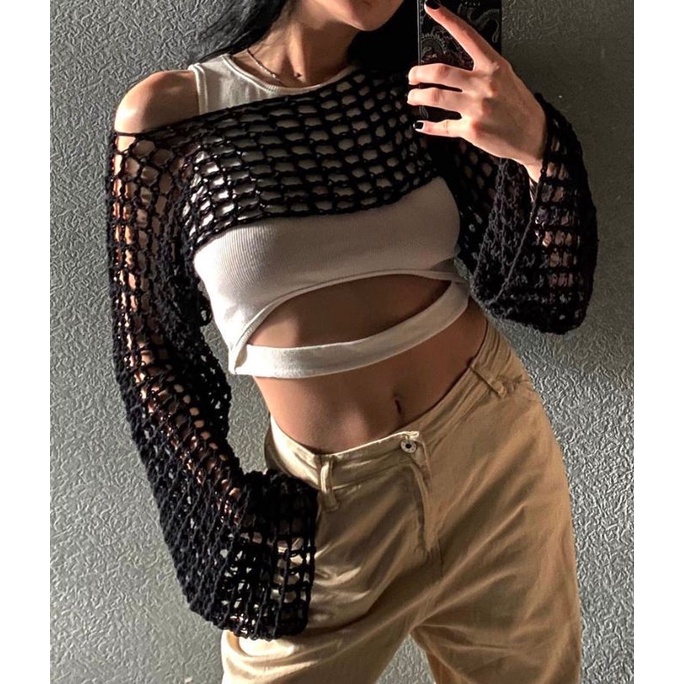 Áo khoác lưới croptop len_ handmade