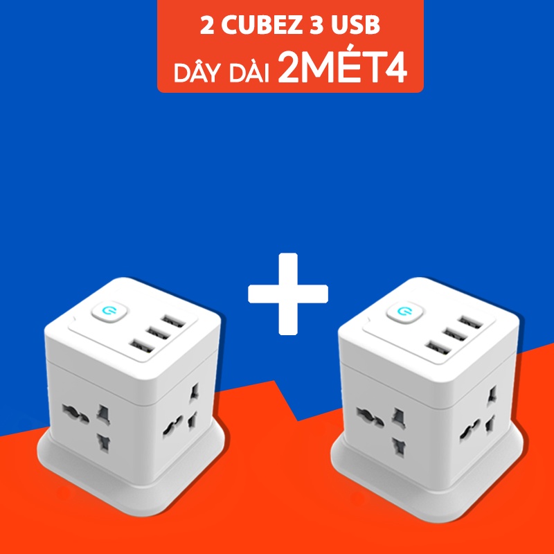 Combo 2 Ổ điện dây dài CubeZ Shoptida 3 cổng USB sạc tối đa 12W và 4 Ổ Điện chịu tải 2500W Dây nối dài 2.4M