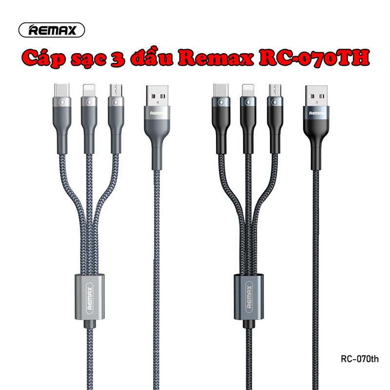 Cáp sạc 3 đầu đa năng Remax bọc dù,Cáp sạc 3 đầu Lightning, TypeC, Micro USB