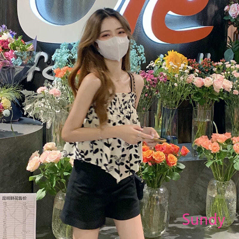 Áo Hai Dây Xếp Ly In Họa Tiết Vintage Thời Trang Mùa Hè Cho Nữ
