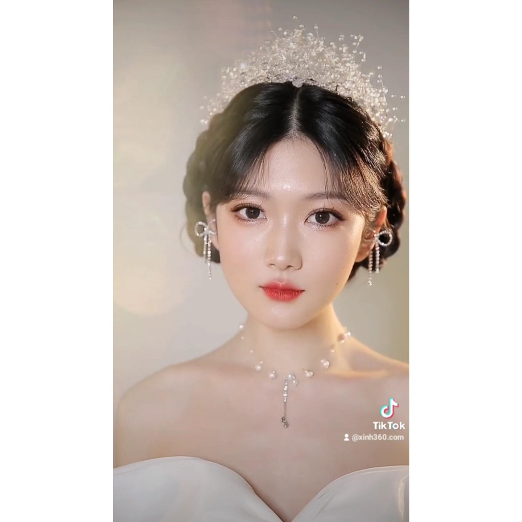 Vương miện cô dâu kèm bông tai pha lê phong cách hàn quốc - CD03