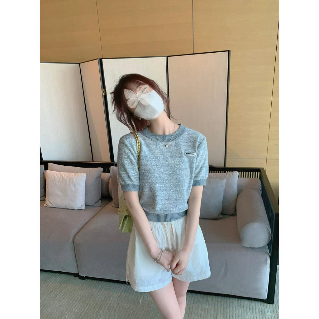 ZHELIHANGFEI Áo Sweater Cổ Tròn Tay Ngắn Dáng Ôm Vừa Vặn Màu Trơn Cho Nữ