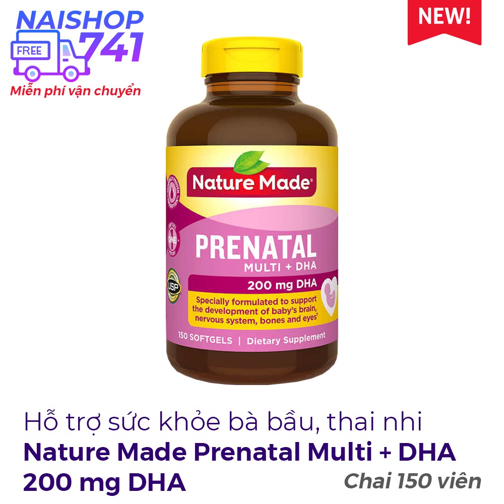 Bổ bà bầu Nature Made Prenatal Multi + DHA 200 mg DHA bổ sung vitamin và khoáng chất cho phụ nữu có thai, Chai 150 viên