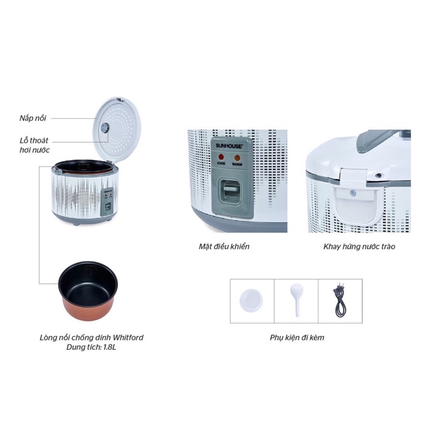 Nồi cơm điện 1,8L Sunhouse chính hãng SHD8601 | BigBuy360 - bigbuy360.vn