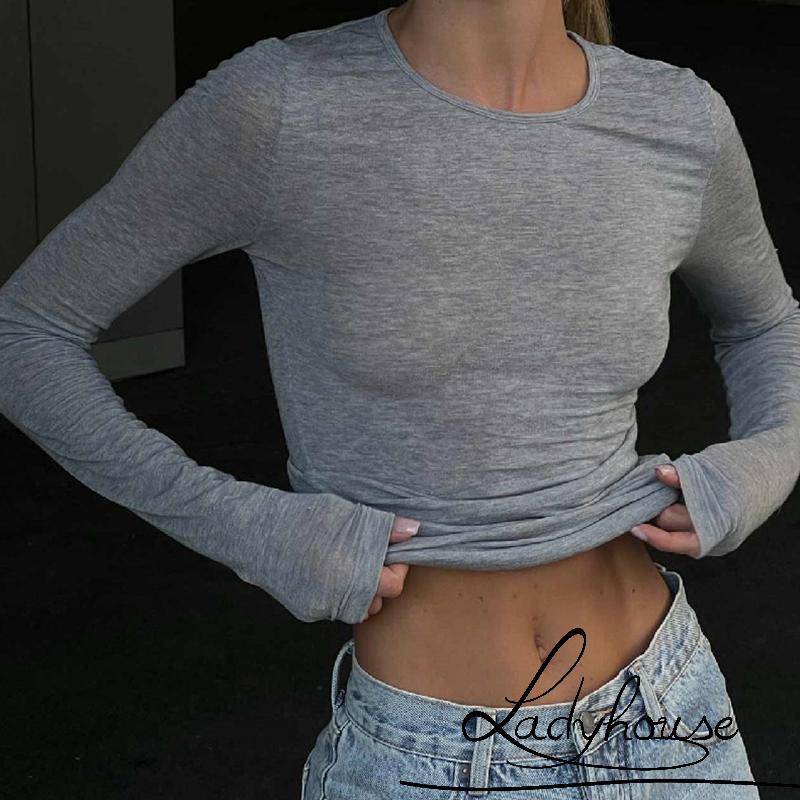 Áo Thun Crop Top Tay Dài Cổ Tròn Màu Trơn Thiết Kế Khoét Lưng Quyến Rũ